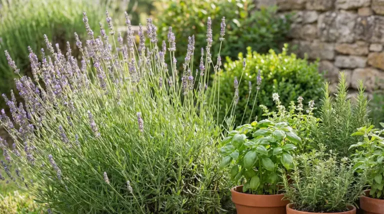 Pianta di lavanda in giardino accanto a vasi di basilico e rosmarino, utile per tenere lontane le zanzare