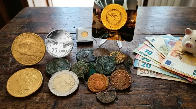 Monete antiche e moderne con banconote in euro e salvadanaio su un tavolo, tema di valuta forte e riserva di valore