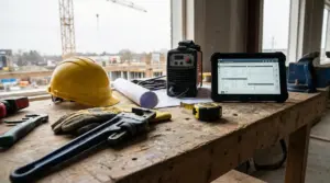Banco da lavoro in cantiere con casco giallo, guanti, metro, chiave inglese, tablet e progetto arrotolato