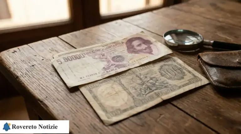 Vecchie banconote italiane su tavolo di legno con lente d’ingrandimento e portafoglio, per valutare lire rare