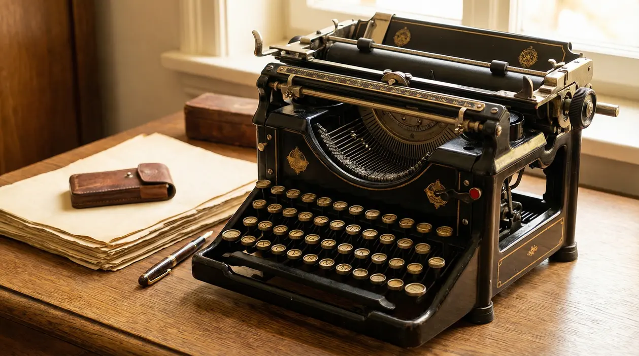 Macchina da scrivere antica in metallo su scrivania in legno, con fogli e penna vicino a una finestra