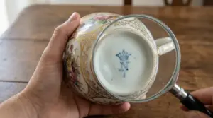 Mano che controlla il marchio sotto una tazza di porcellana decorata a mano con lente d’ingrandimento