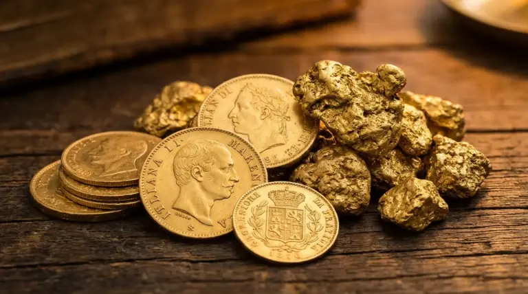Monete d’oro marengo e pepite su tavolo di legno, dettaglio del valore dell’oro al grammo