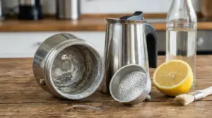 Moka in acciaio con calcare visibile, accanto a limone e bottiglia di aceto su tavolo in cucina