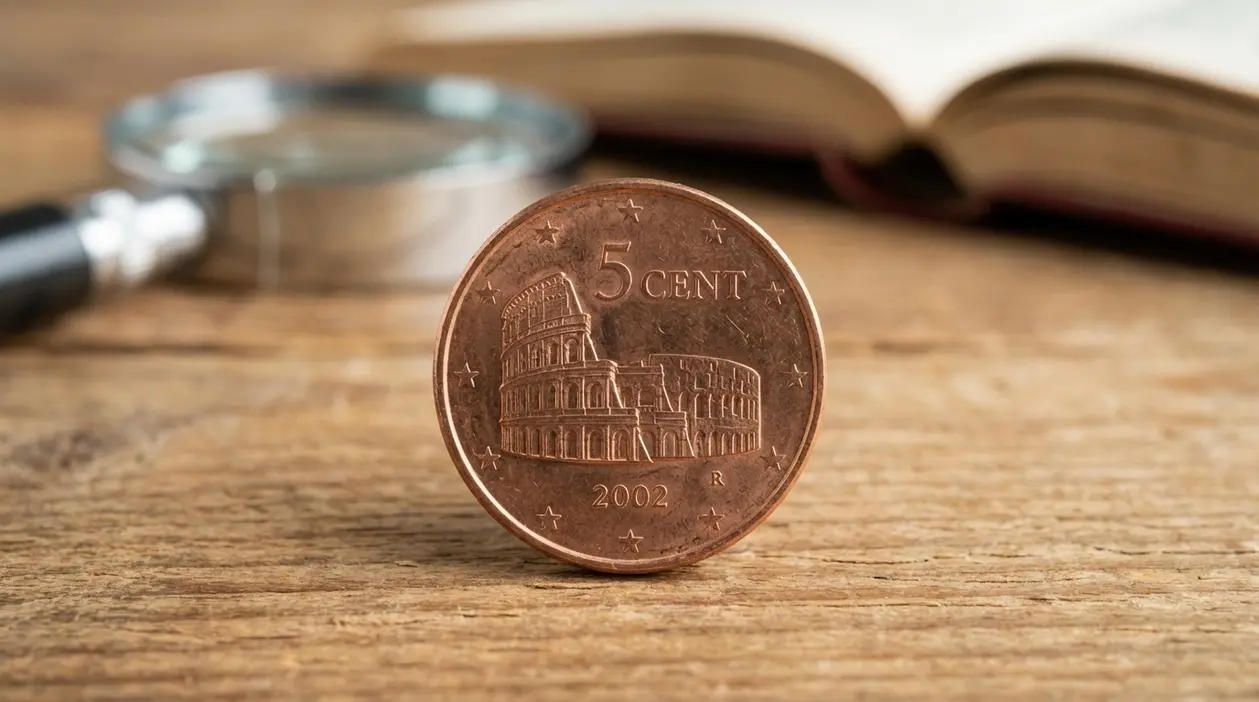 Moneta da 5 centesimi euro con il Colosseo in primo piano su un tavolo di legno, con lente d’ingrandimento sullo sfondo