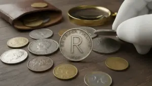 Moneta italiana con grande lettera R tra altre monete su tavolo, osservata con lente e guanto da collezionista