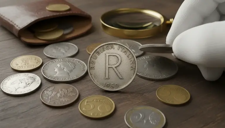 Moneta italiana con grande lettera R tra altre monete su tavolo, osservata con lente e guanto da collezionista