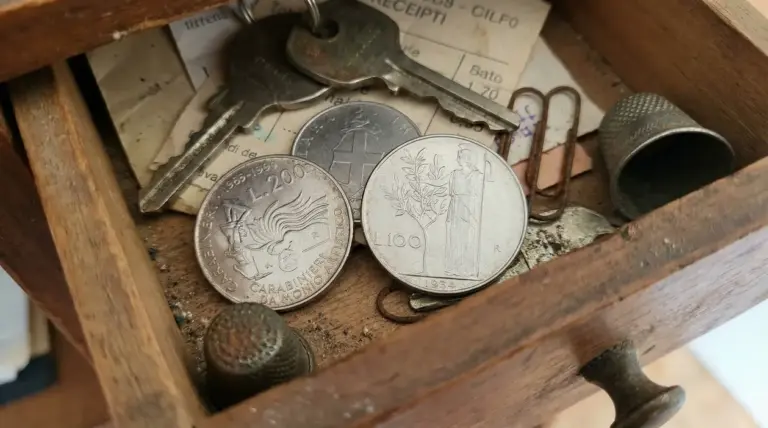 Monete italiane d’epoca in un cassetto di legno con chiavi e oggetti vari, possibile moneta rara da collezione