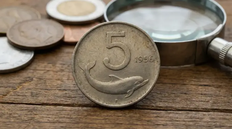 Moneta da 5 lire con delfino del 1956 su tavolo in legno, con lente d’ingrandimento e altre monete sullo sfondo