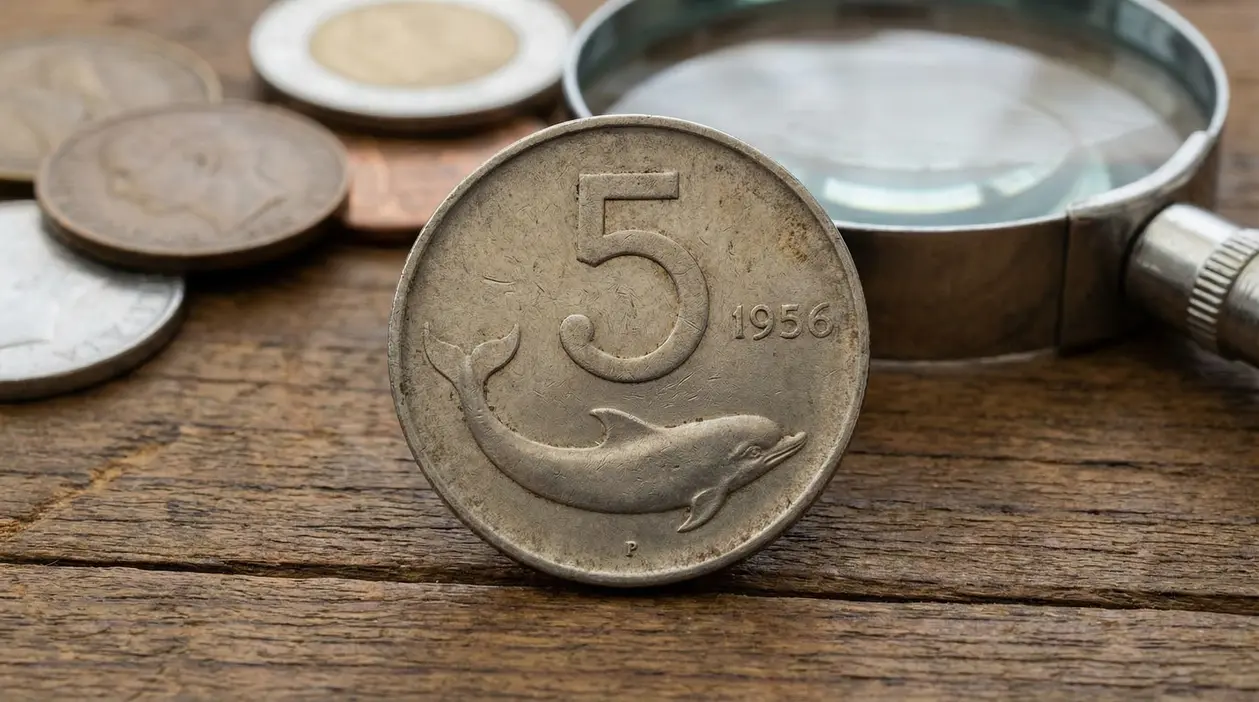 Moneta da 5 lire con delfino del 1956 su tavolo in legno, con lente d’ingrandimento e altre monete sullo sfondo
