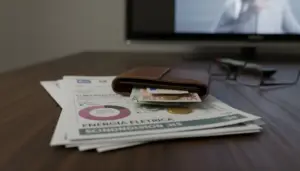 Portafoglio con banconote e monete sopra bollette della luce su una scrivania, con TV sfocata sullo sfondo