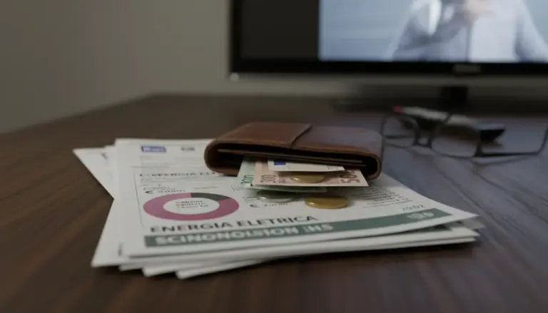 Portafoglio con banconote e monete sopra bollette della luce su una scrivania, con TV sfocata sullo sfondo