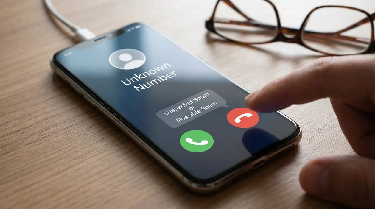 Smartphone con chiamata da numero sconosciuto e dito che sta per rifiutare, su scrivania con occhiali