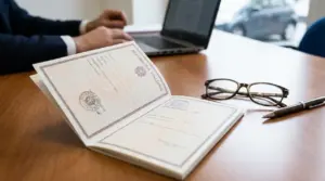 Documento ufficiale italiano aperto su una scrivania con laptop, penna e occhiali in un ufficio