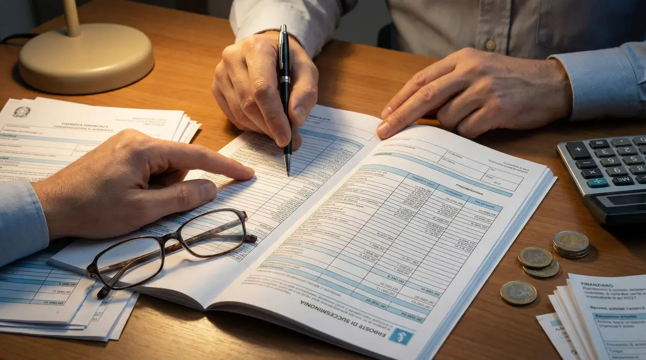 Due persone compilano moduli e tabelle fiscali su una scrivania con calcolatrice, monete e occhiali