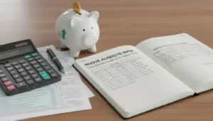 Salvadanaio con moneta, calcolatrice e quaderno con tabelle fiscali su scrivania, tema nuove aliquote Irpef