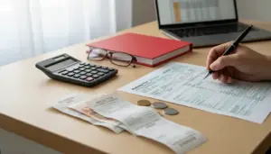 Persona che compila un modulo fiscale con calcolatrice, ricevute e monete su una scrivania