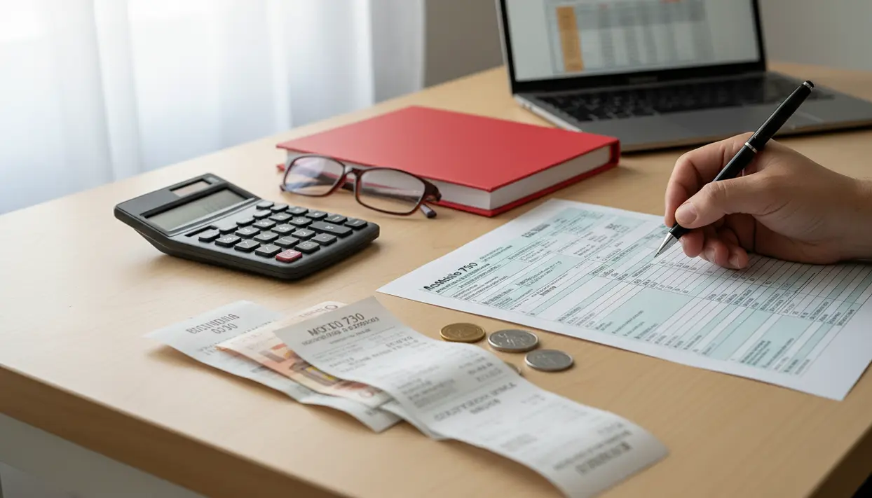 Persona che compila un modulo fiscale con calcolatrice, ricevute e monete su una scrivania