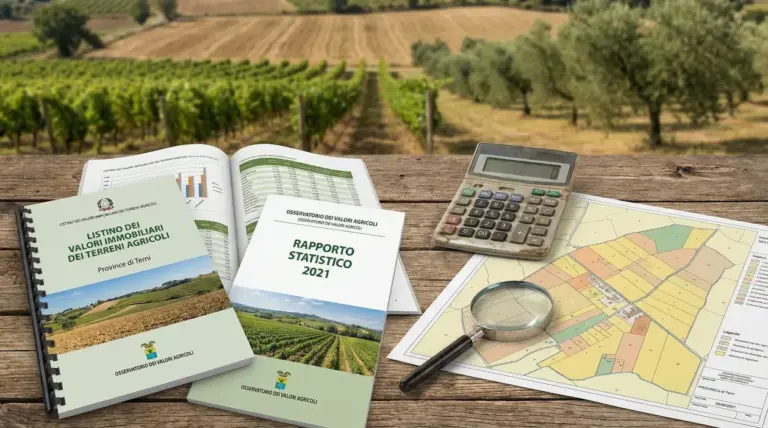 Documenti e strumenti di valutazione su tavolo in legno con vigneti sullo sfondo, legati al valore dei terreni agricoli