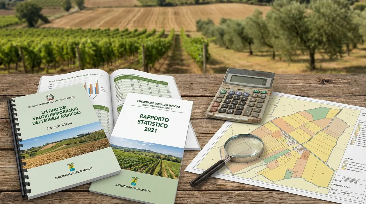 Documenti e strumenti di valutazione su tavolo in legno con vigneti sullo sfondo, legati al valore dei terreni agricoli