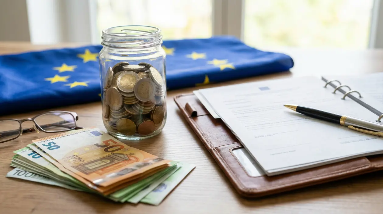 Risparmi in euro: banconote e monete in un barattolo su scrivania con documenti e bandiera UE sullo sfondo