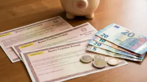 Buoni fruttiferi postali con banconote e monete in euro su un tavolo, con salvadanaio sullo sfondo