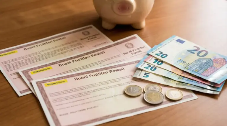 Buoni fruttiferi postali con banconote e monete in euro su un tavolo, con salvadanaio sullo sfondo