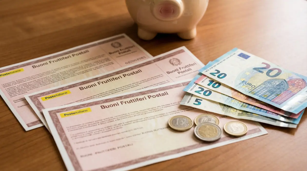 Buoni fruttiferi postali con banconote e monete in euro su un tavolo, con salvadanaio sullo sfondo