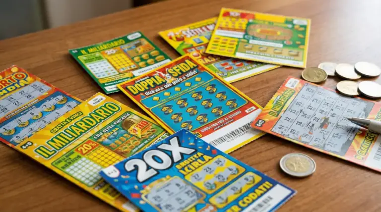 Gratta e vinci italiani assortiti su un tavolo di legno con monete e una penna accanto a un biglietto grattato