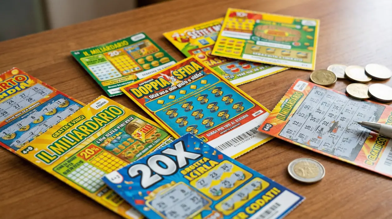 Gratta e vinci italiani assortiti su un tavolo di legno con monete e una penna accanto a un biglietto grattato