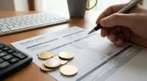 Mano con penna su una busta paga con monete in euro su scrivania, accanto a tastiera e calcolatrice