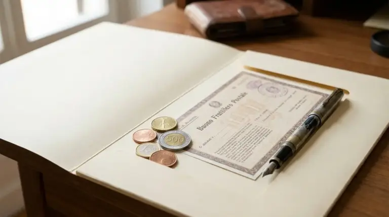 Buono fruttifero postale con monete e penna su scrivania, simbolo di risparmio e rendimento