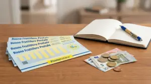 Buoni fruttiferi postali su un tavolo con banconote e monete in euro accanto a un quaderno aperto