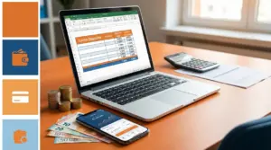 Laptop con foglio di calcolo su conto deposito, smartphone con app bancaria, monete e banconote su scrivania