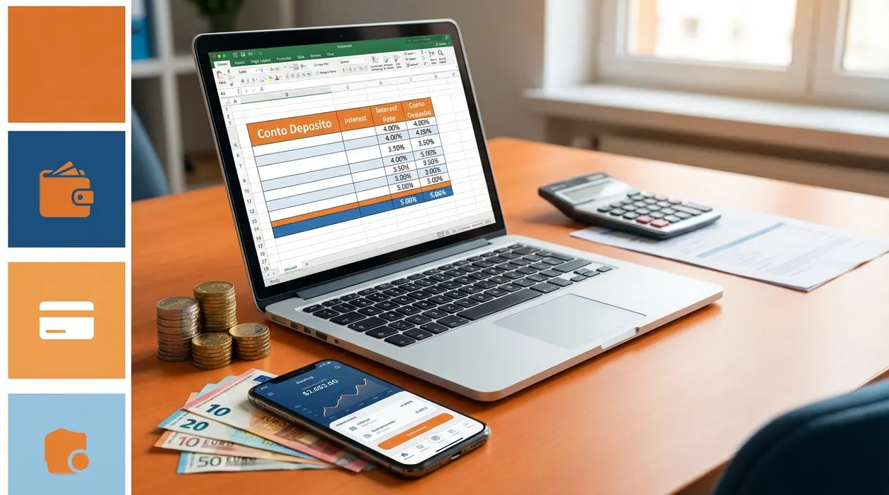 Laptop con foglio di calcolo su conto deposito, smartphone con app bancaria, monete e banconote su scrivania