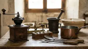 Oggetti da cucina vintage su un tavolo: macinacaffè, bilancia, mortaio, pentolino in rame e ciotola smaltata