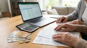 Persona che calcola importi della pensione con laptop, calcolatrice, documenti e banconote euro su un tavolo