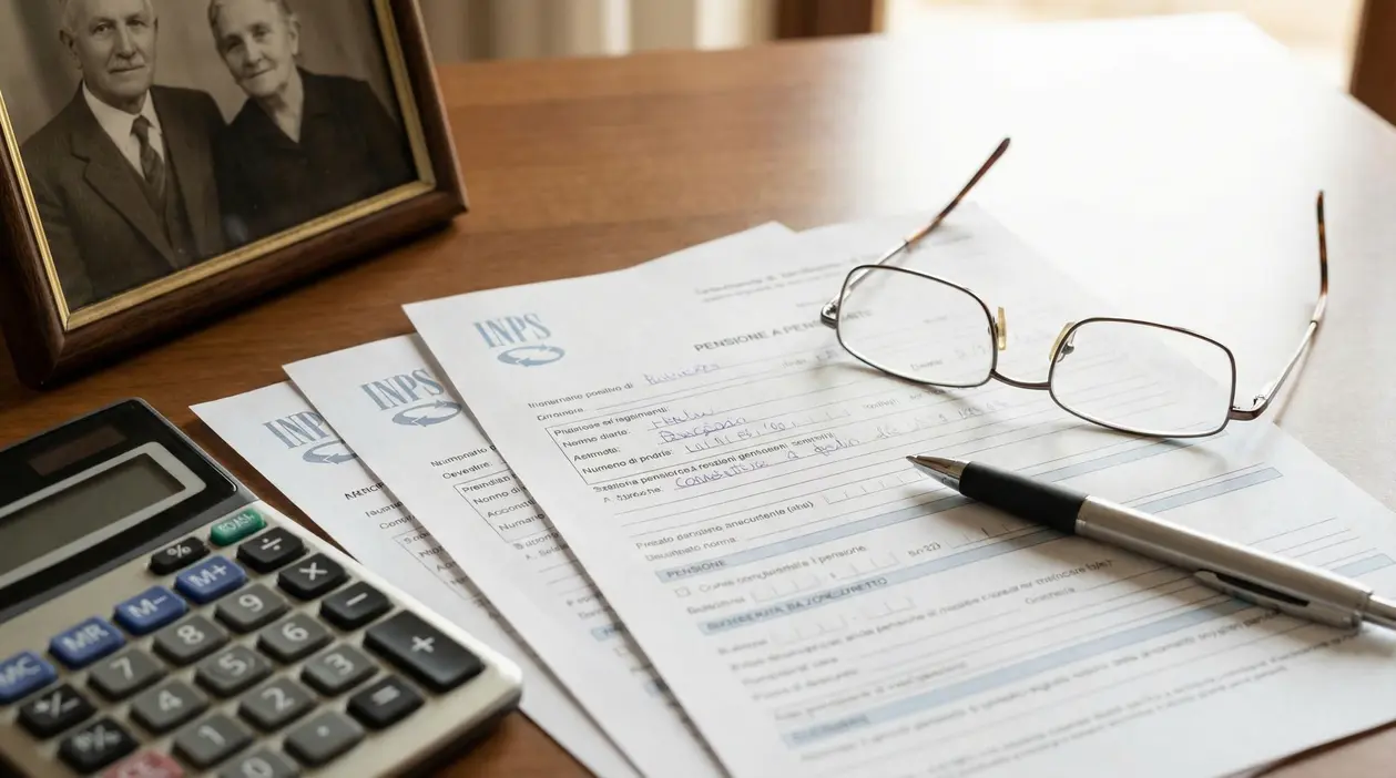 Moduli INPS su una scrivania con occhiali, penna e calcolatrice, per calcolare la pensione di reversibilità