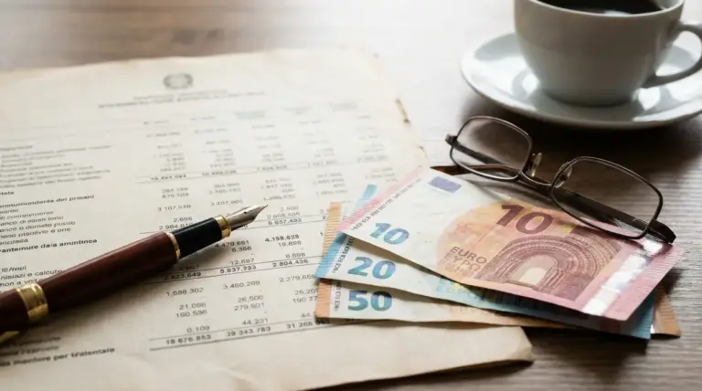 Banconote in euro, occhiali e penna su documento contabile, simbolo del calcolo della pensione minima