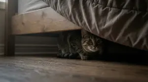 Gatto tigrato nascosto sotto il letto, accovacciato nell’ombra e con lo sguardo attento verso l’esterno