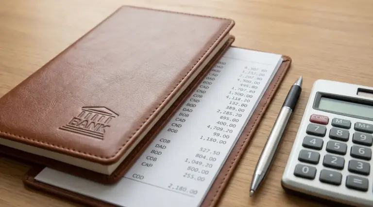 Libretto bancario con estratto conto, penna e calcolatrice su una scrivania in legno