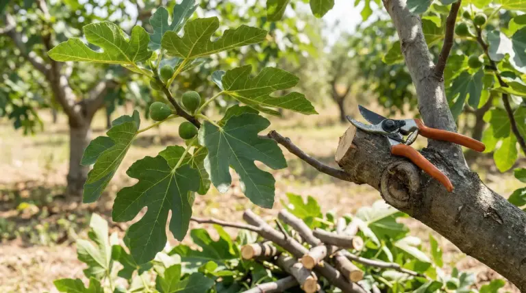 Forbici da potatura su un ramo di fico appena tagliato, con foglie e fichi verdi sull’albero