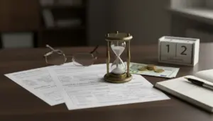 Clessidra su moduli fiscali con banconote e monete su una scrivania, simbolo dei termini di prescrizione IMU