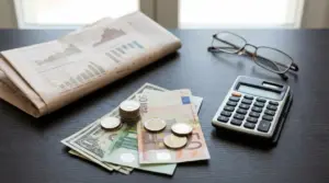 Banconote in euro e dollari con monete, calcolatrice e giornale finanziario su una scrivania