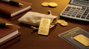 Lingotto d’oro da 20 g su scrivania con calcolatrice, monete e taccuini in pelle