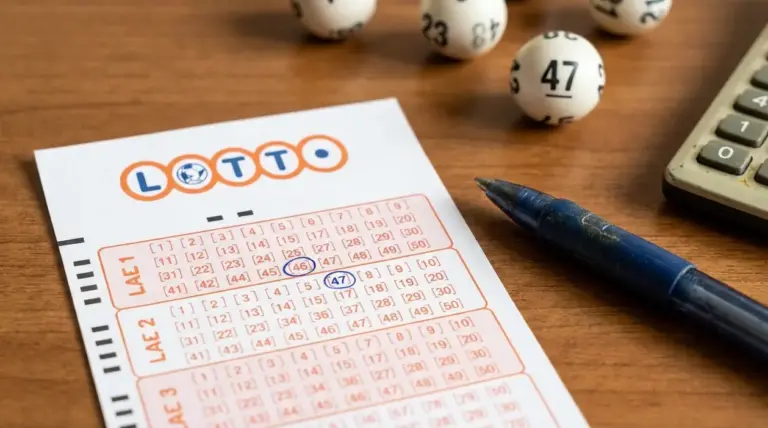 Schedina del Lotto con un solo numero cerchiato, penna, palline numerate e calcolatrice sul tavolo
