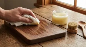 Mano che applica un prodotto naturale su un tagliere in legno con panno, accanto a un barattolo di balsamo