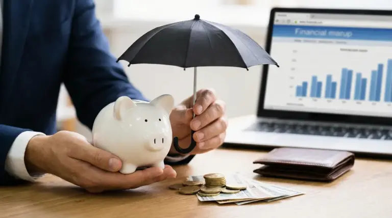 Persona che protegge un salvadanaio con un ombrello, con monete e grafico finanziario sullo sfondo