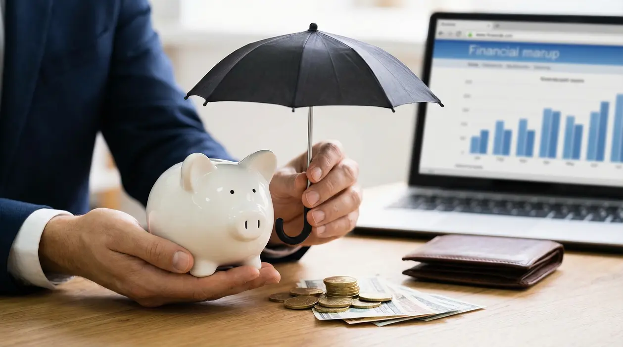 Persona che protegge un salvadanaio con un ombrello, con monete e grafico finanziario sullo sfondo