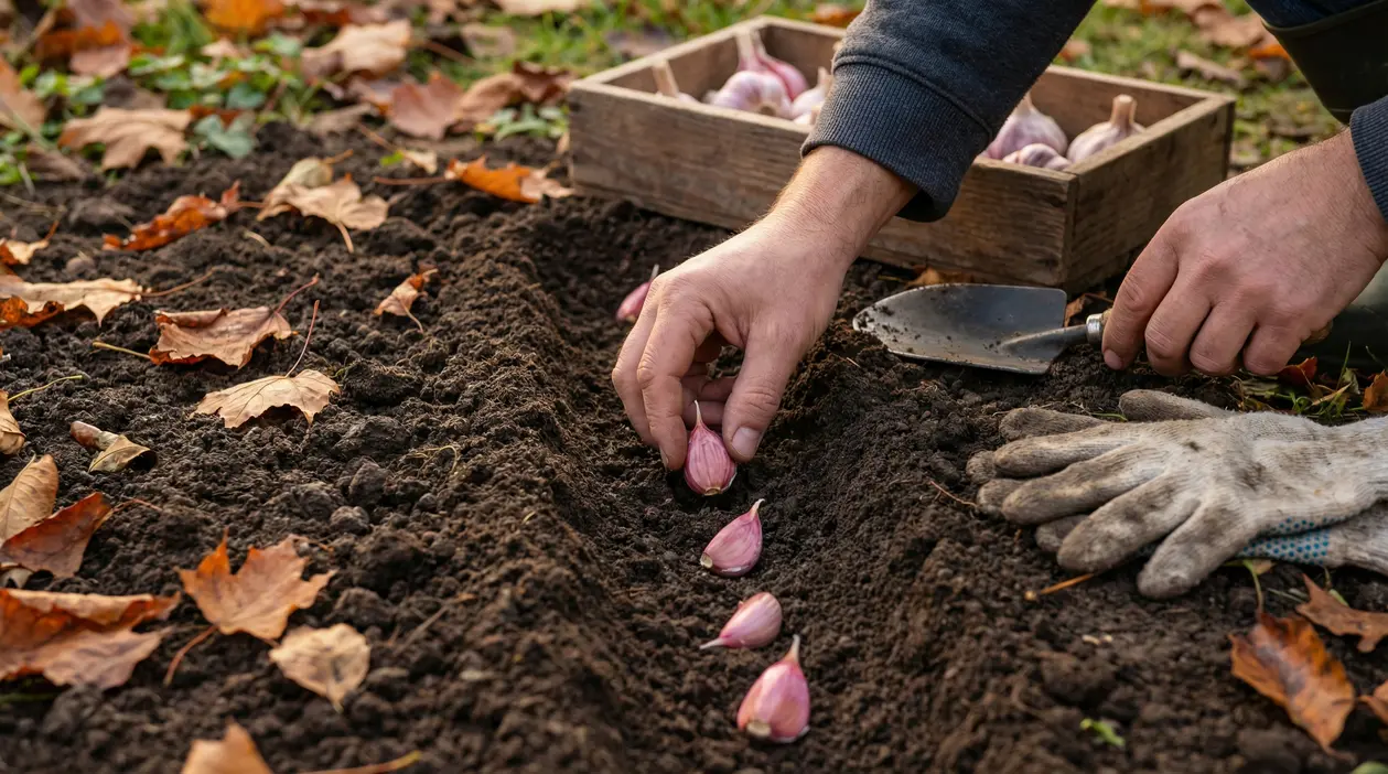 Mani che piantano spicchi d’aglio nell’orto in autunno, in un solco di terra.